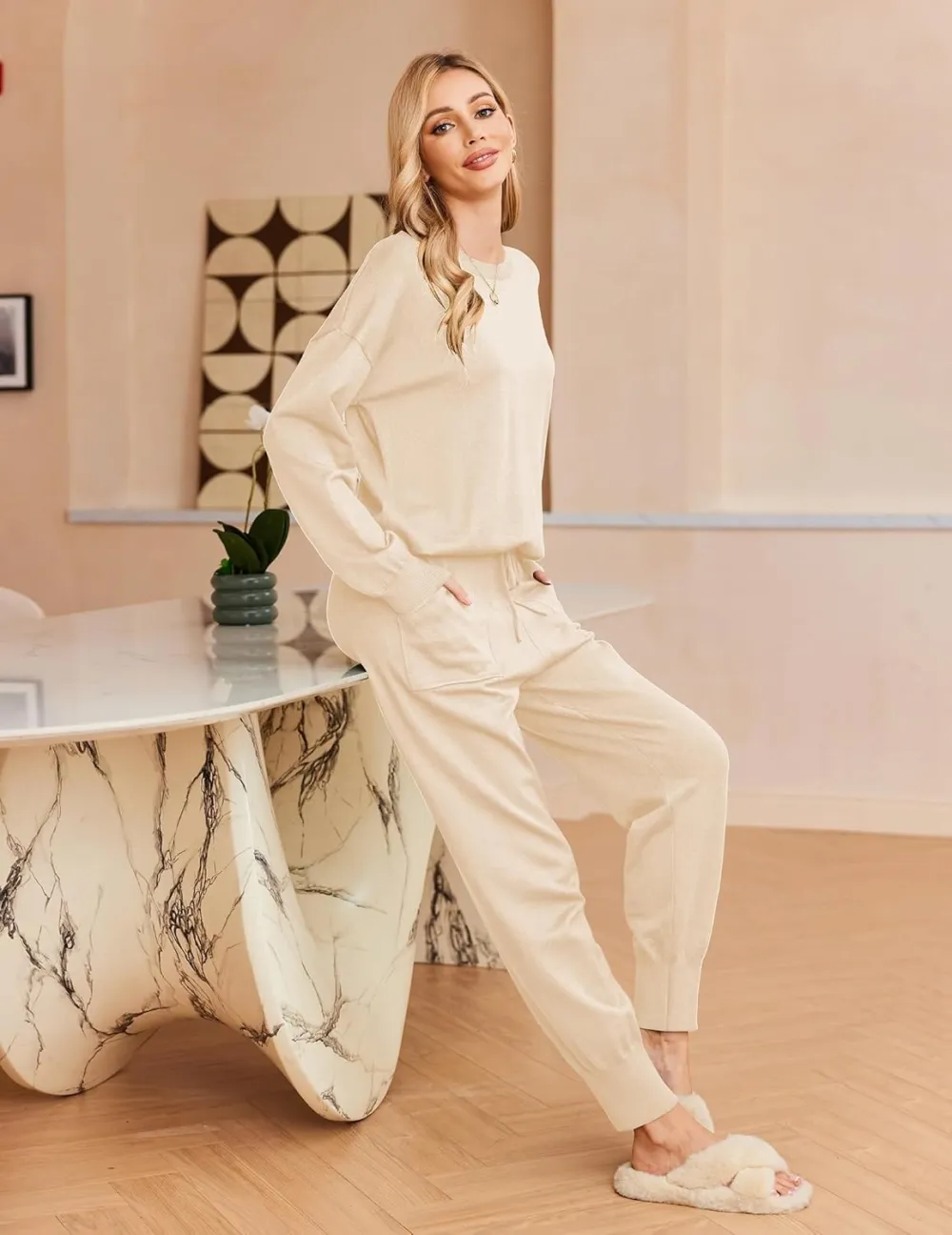 Women's Long Sleeve Knit Loungewear Set Jogger Pants Outfit