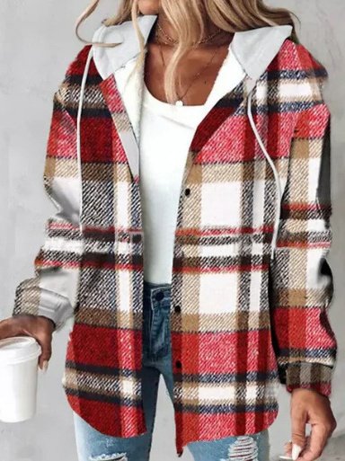 Urban Split Joint Color Block Women's Faux Wool Plaid Striped Jacket