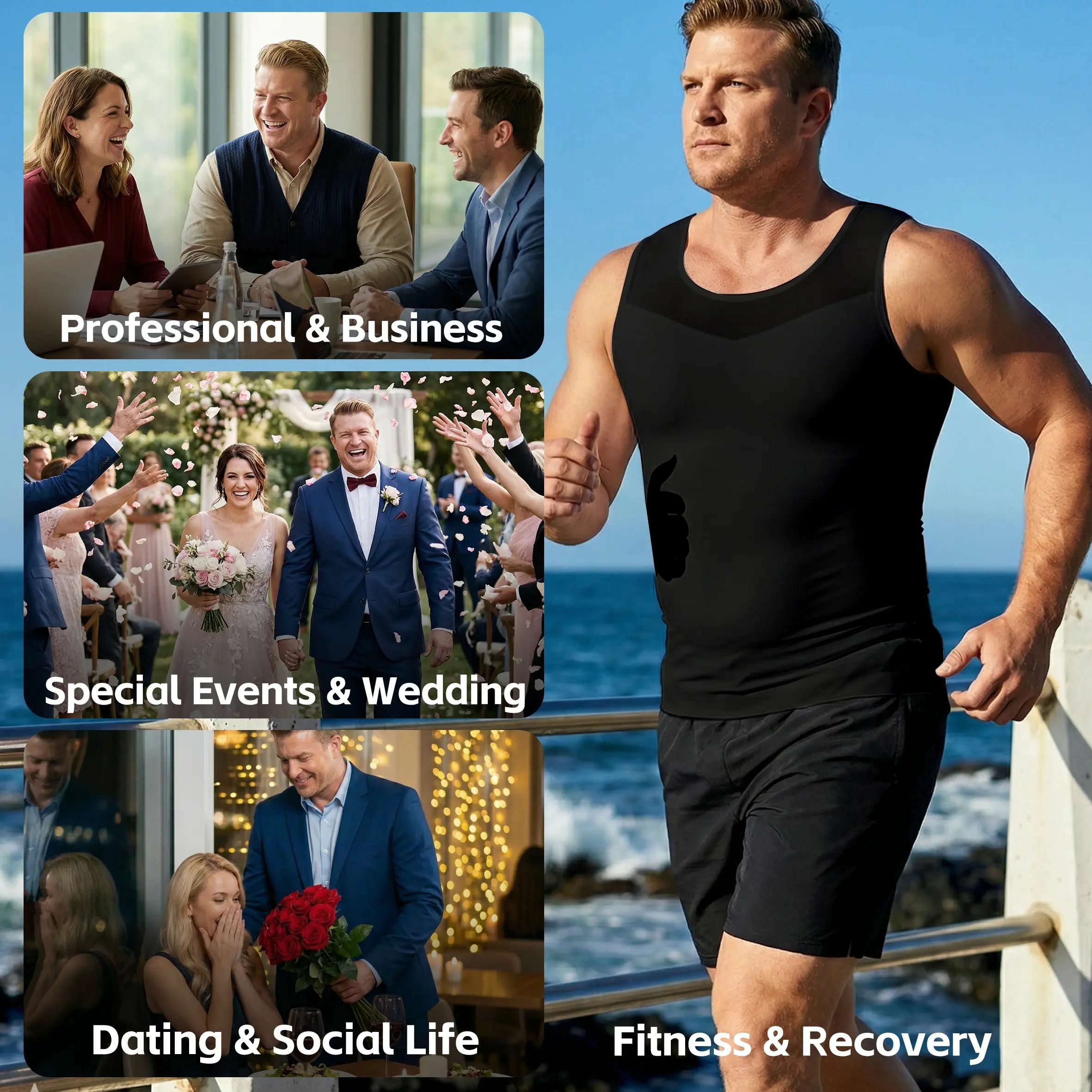 Men Compression Shapewear Tank Top Seamless Undershirts Bionic Targeted Tummy Control Eliminate Gynecomastia X-Shape Back Stretch Posture Correction Breathable Mesh Fabric Basic Menswear for Special Events Business Dating Sports Gym, Holiday Gift