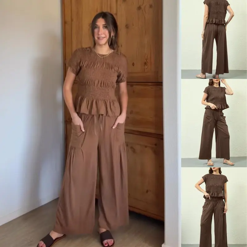 Casual Boho Matching Set Smocked Top & Wide-Leg Pants