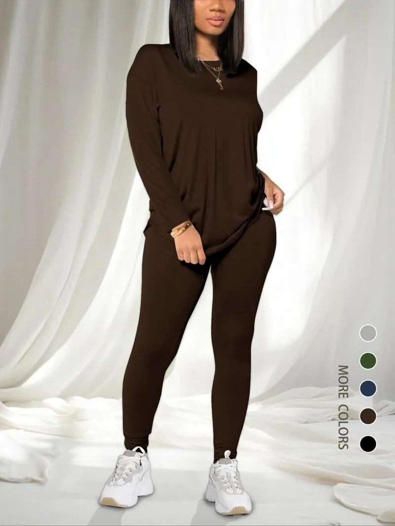 Women's Solid Drop Shoulder Tee & Elastic Waist Skinny Pants Two-piece Set