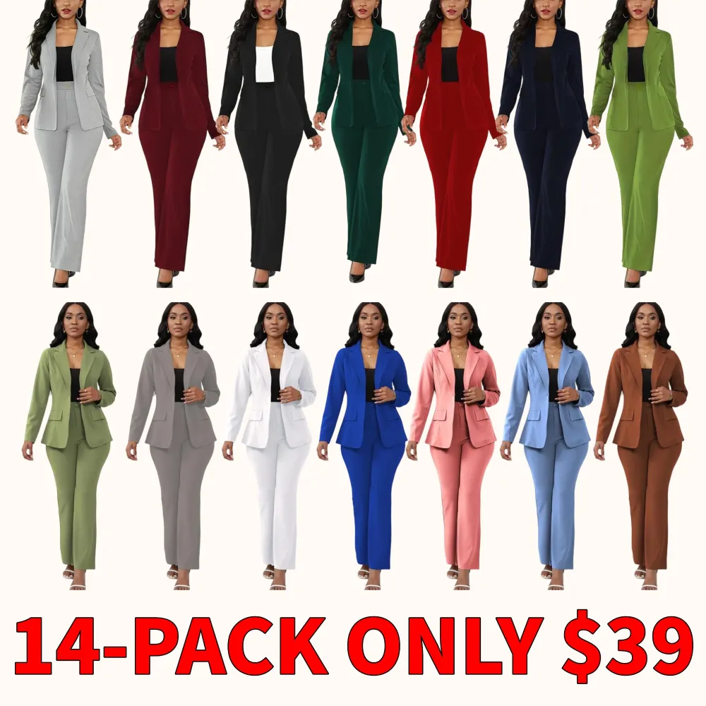 Two-piece women's solid color button-down lapel suit jacket and suit pants