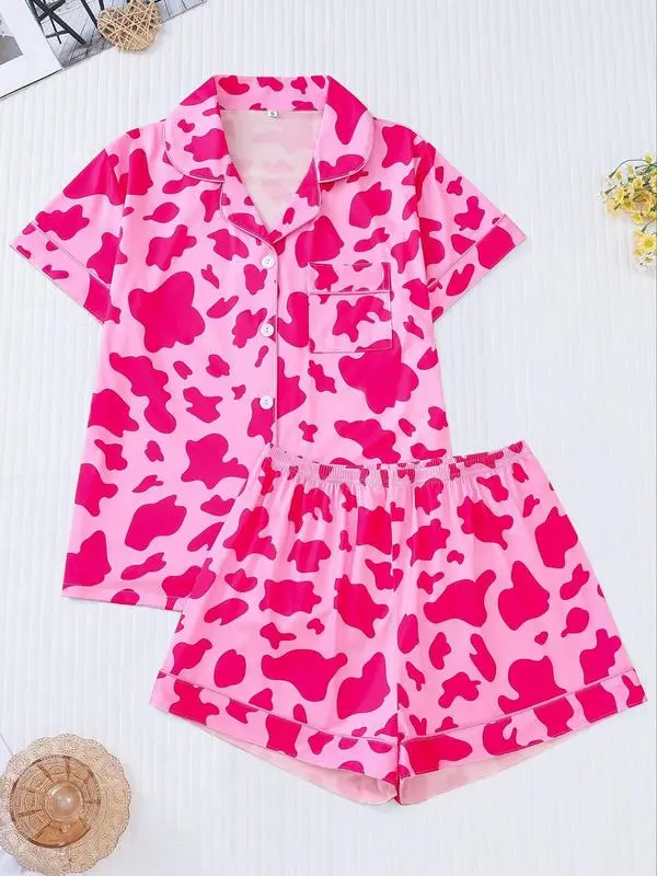 Women's Cow Print Contrast Binding Pyjama Set