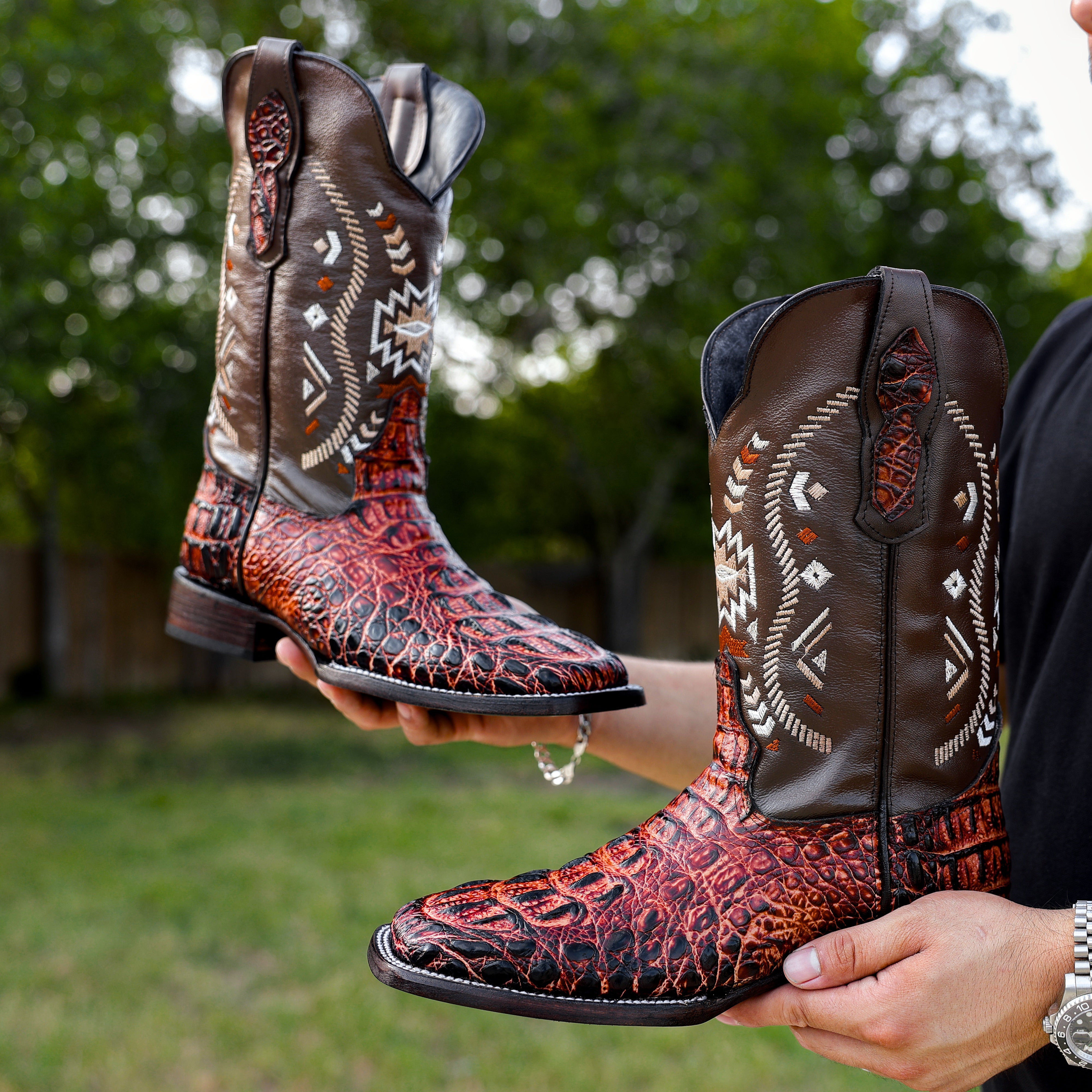 Cognac Caiman Neck Leather Boots - Square Toe