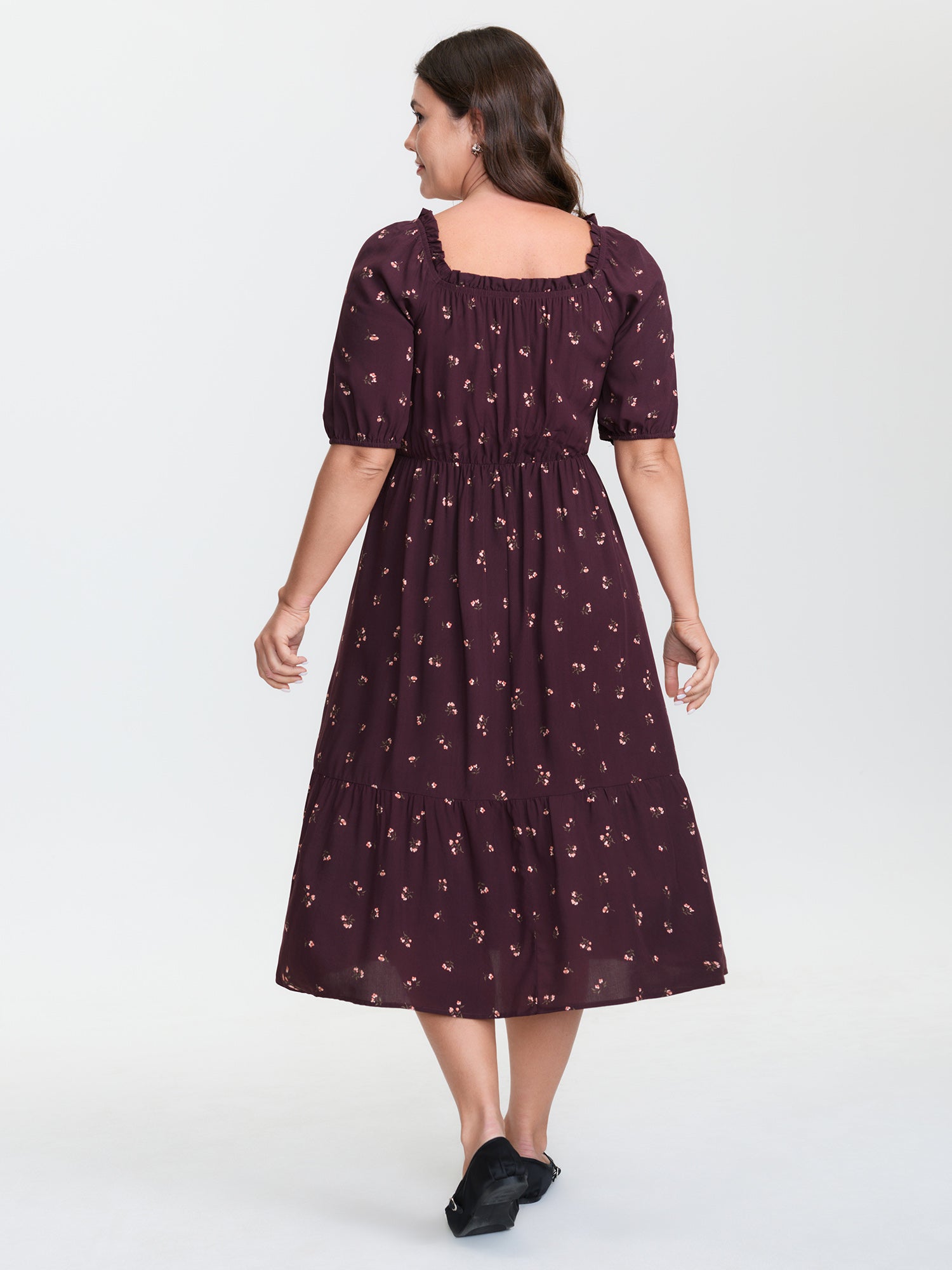 Micro Floral Shirred Bodice Midi Dress