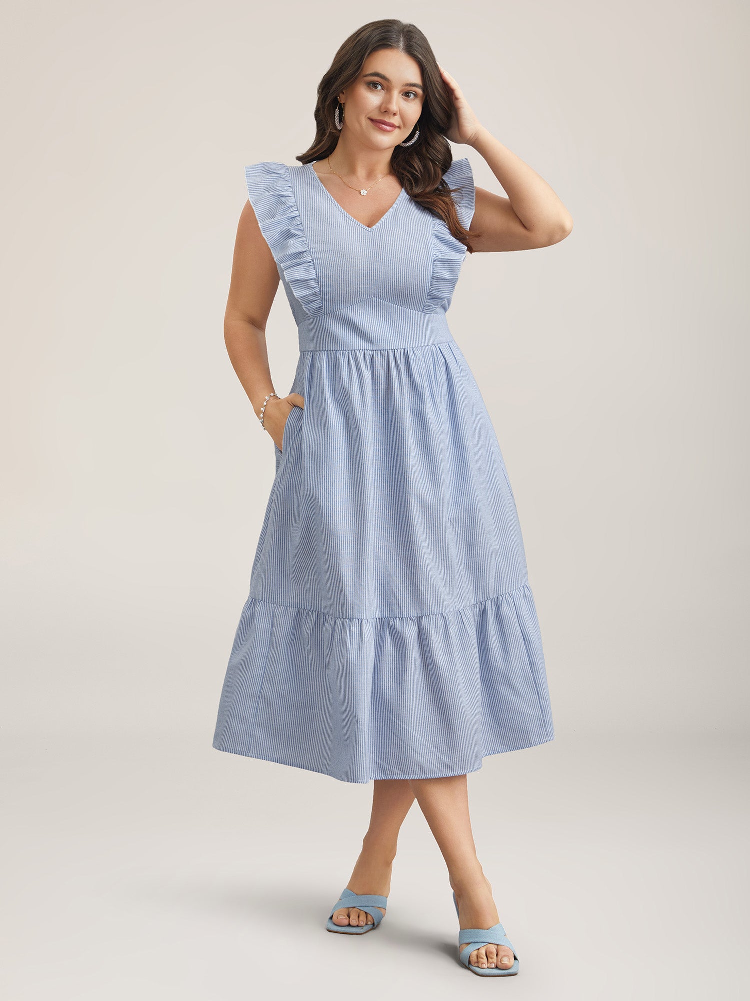 Ruffled Striped Print Triangular Waist Midi Dress