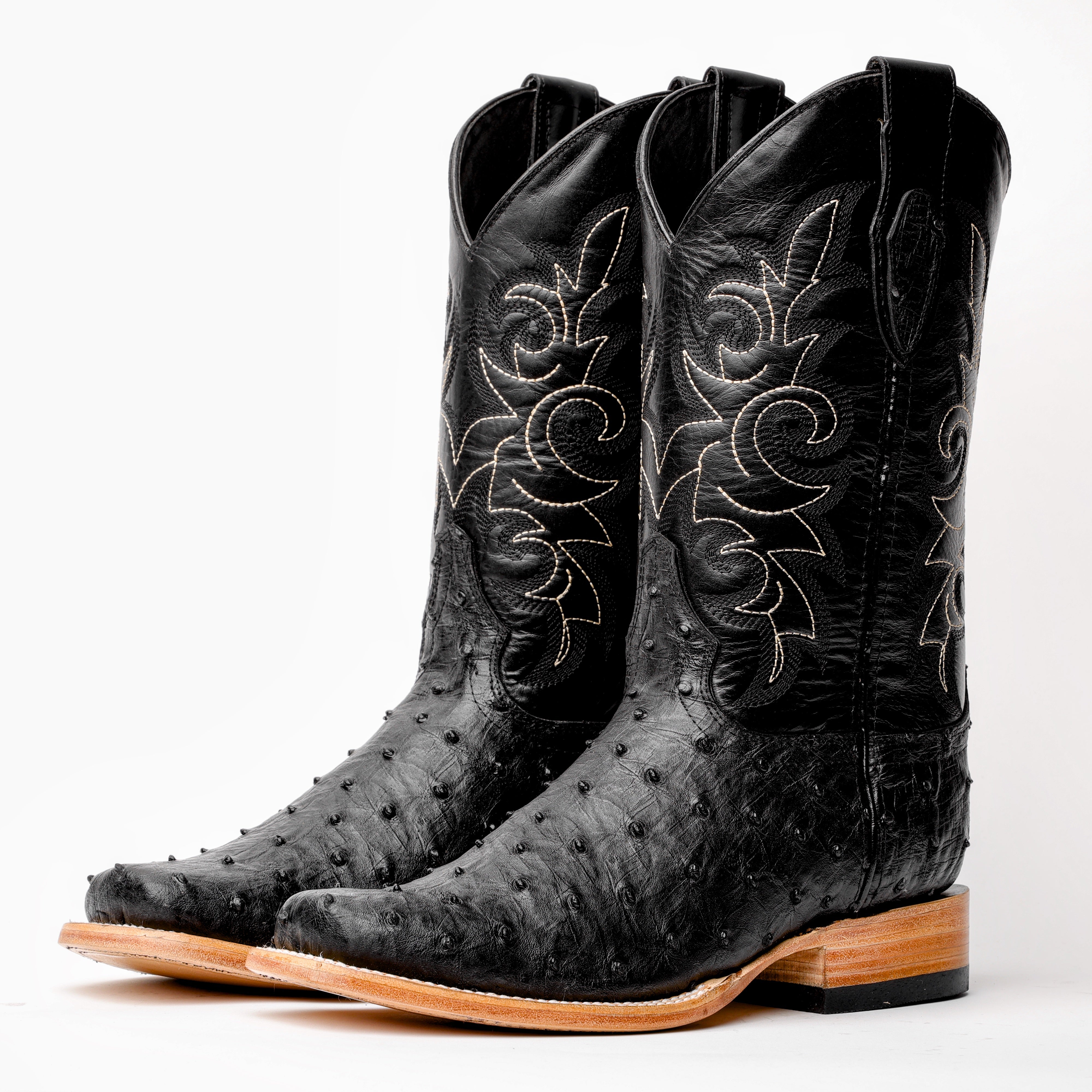 Black Ostrich Leather Boots - Rodeo Toe