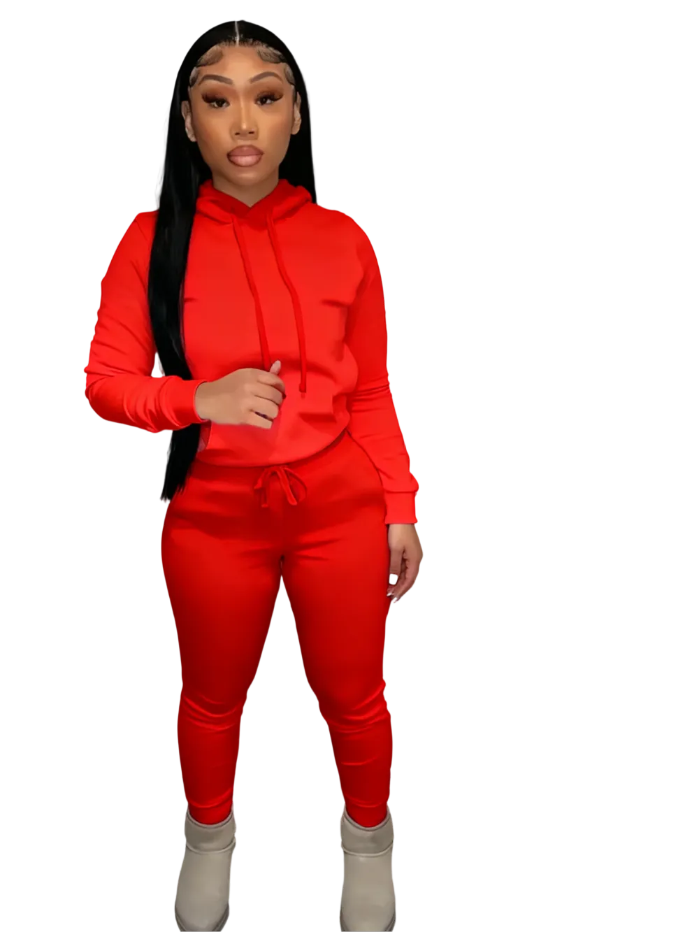Women's drawstring hoodie and pocket sweatpants two-piece set