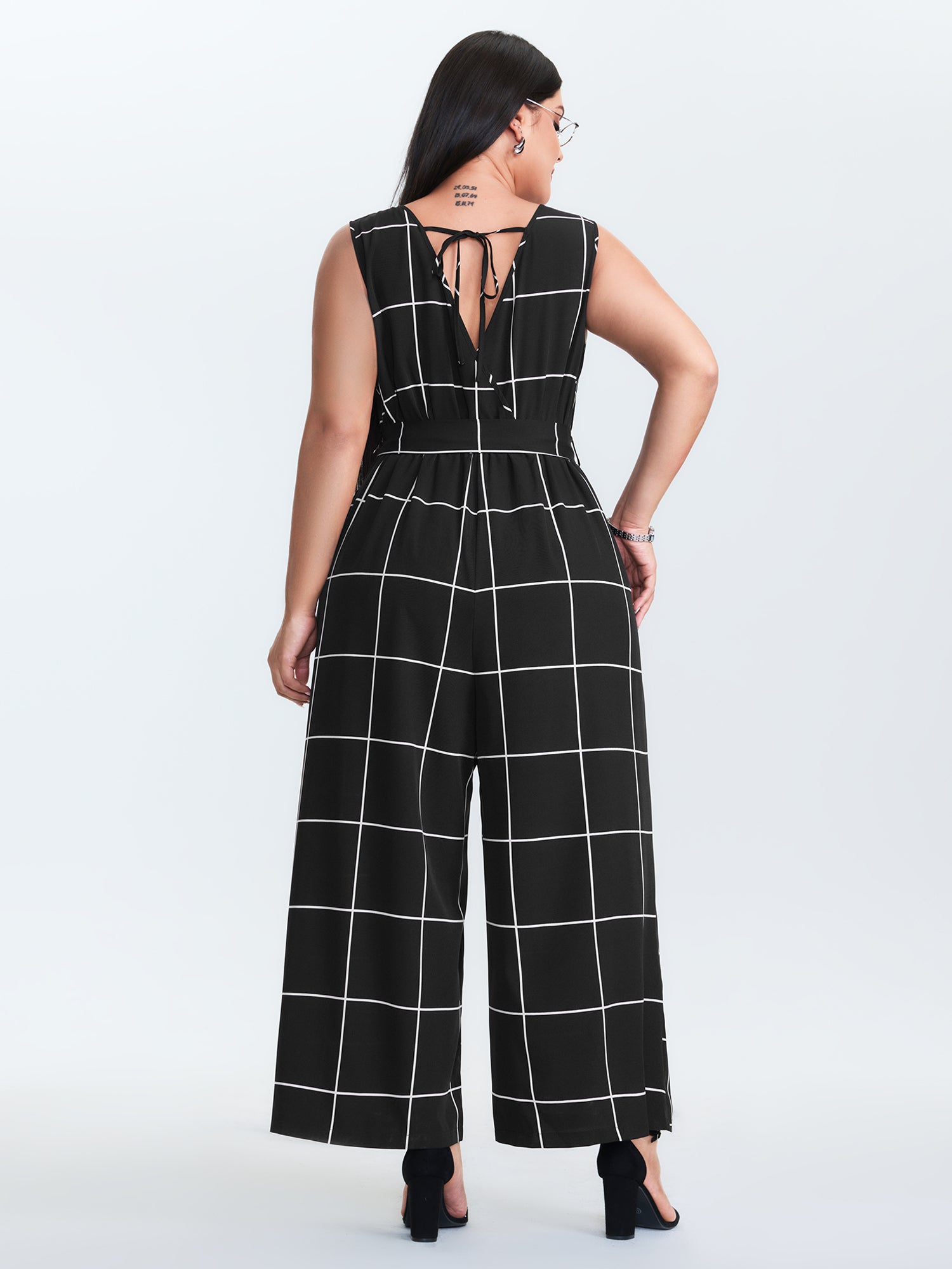 Check Pattern Waist-Tie Jumpsuit