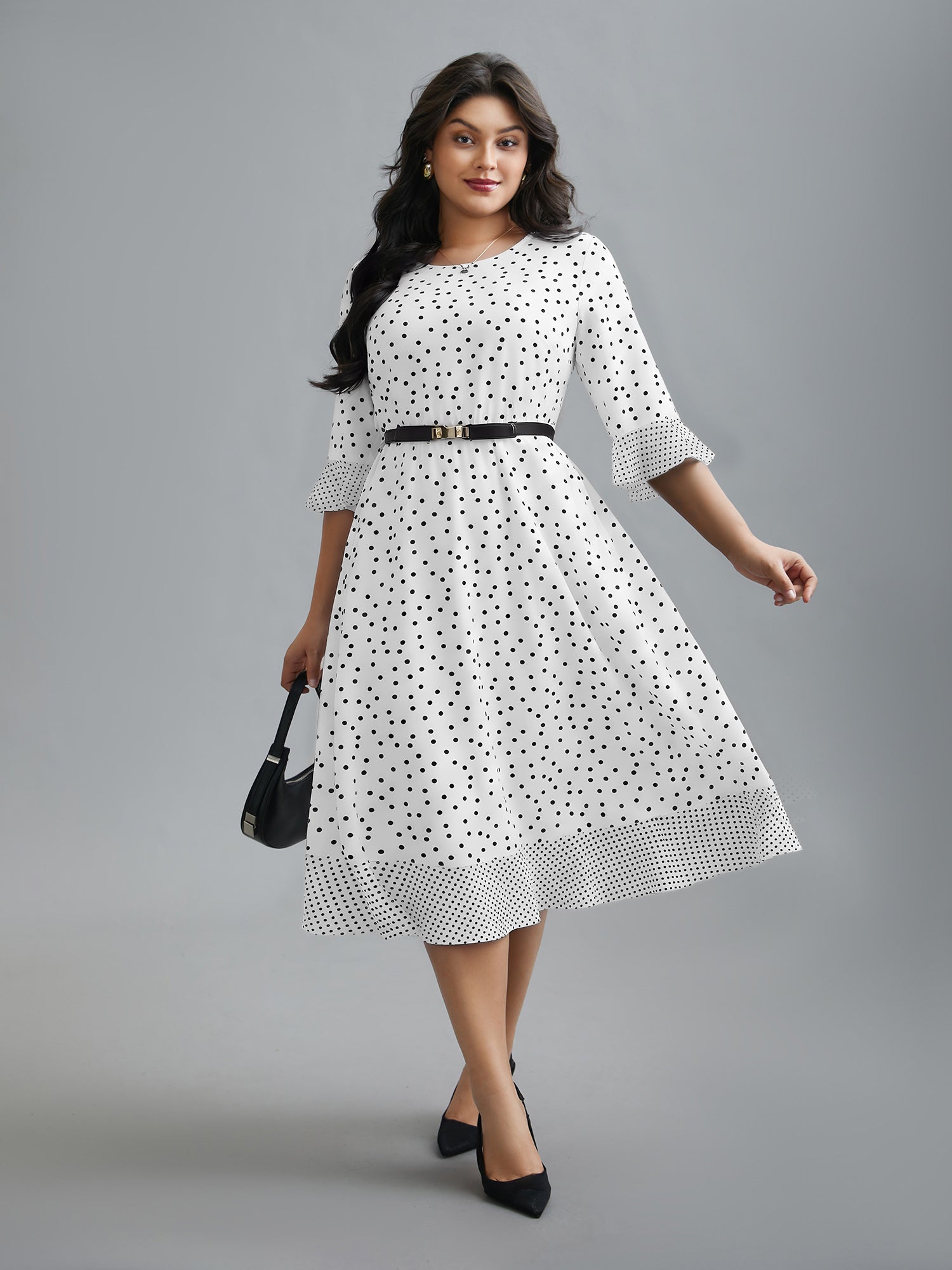 Crew Neck Polka Dot Waist Cinched Dress