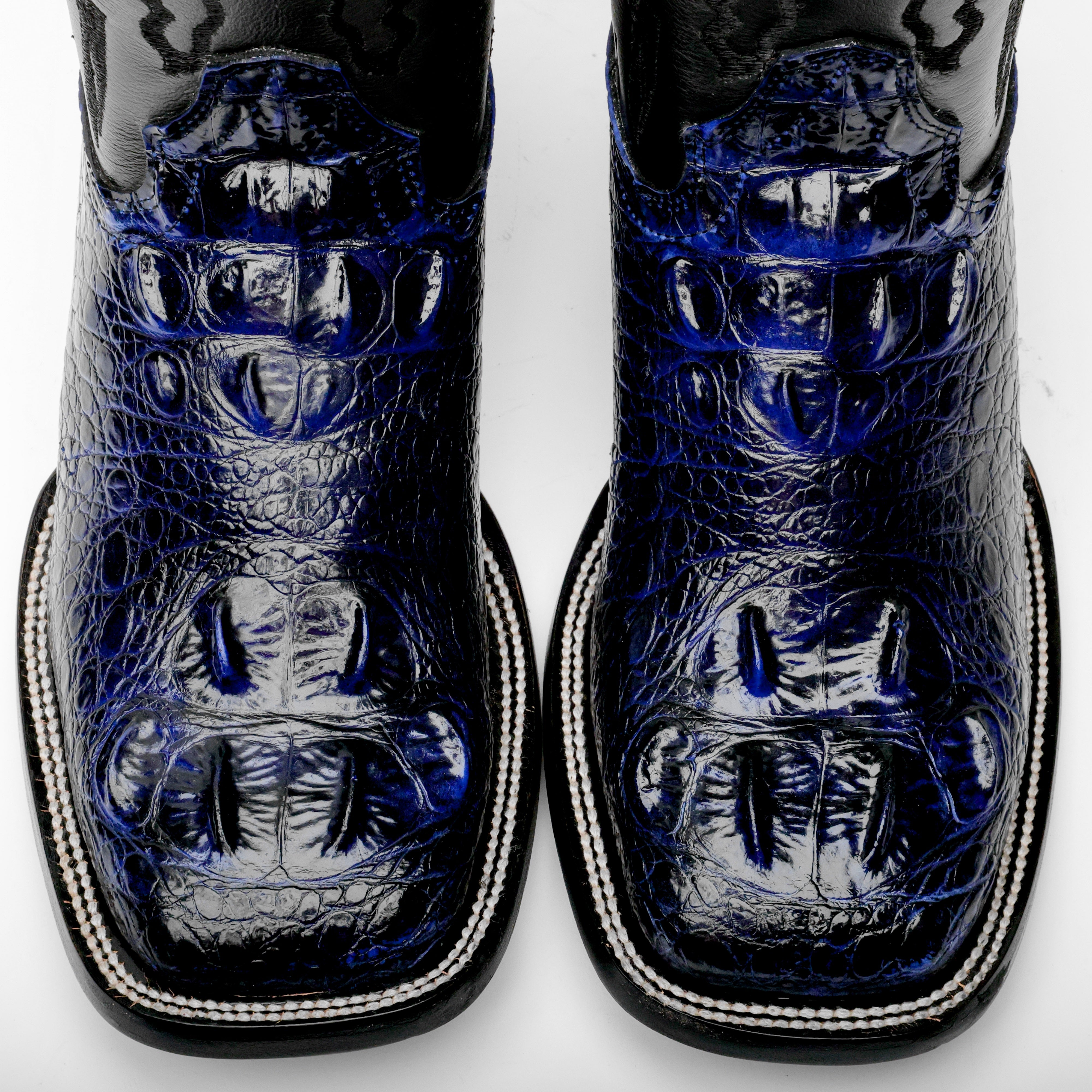 Royal Blue Giant Caiman Hornback Leather Boots - Square Toe