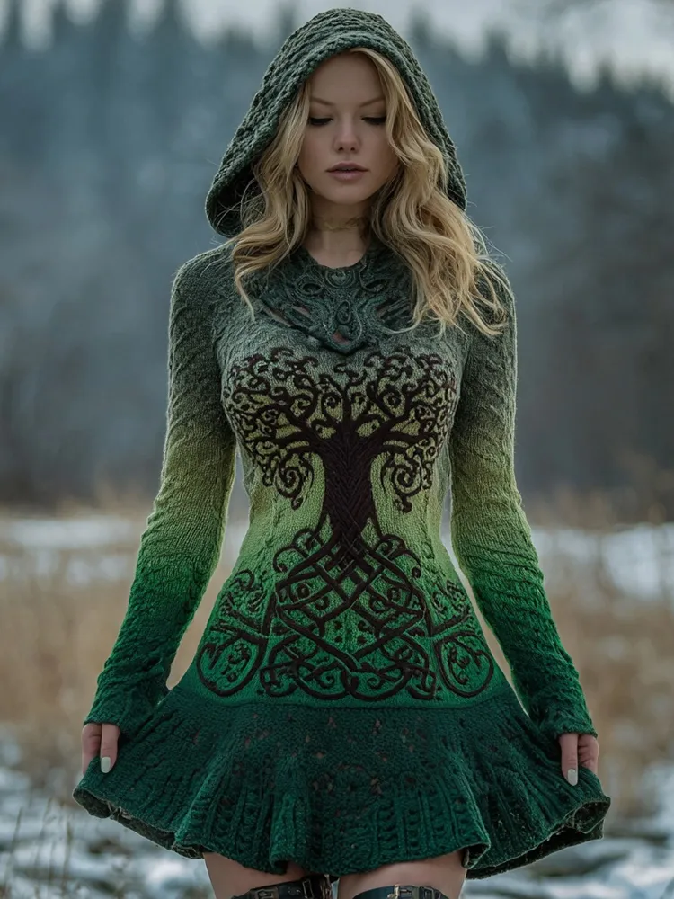 Vintage Tree Of Life Pattern Gradient Hooded Sweater Dress