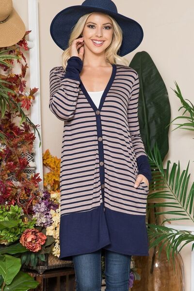 Full Size Striped Button Up Long Sleeve Cardigan
