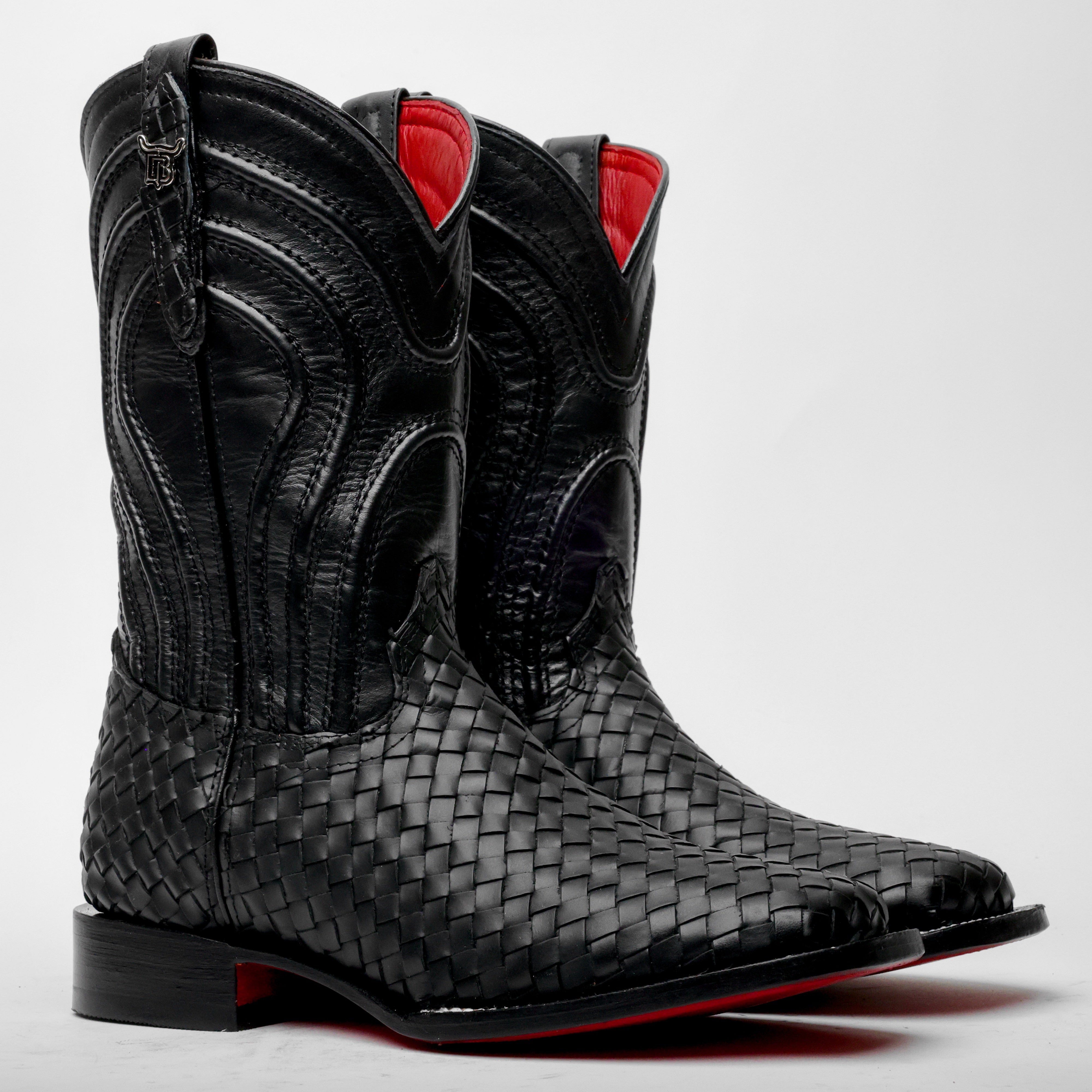 Black Basketweave Leather Boots - Square Toe