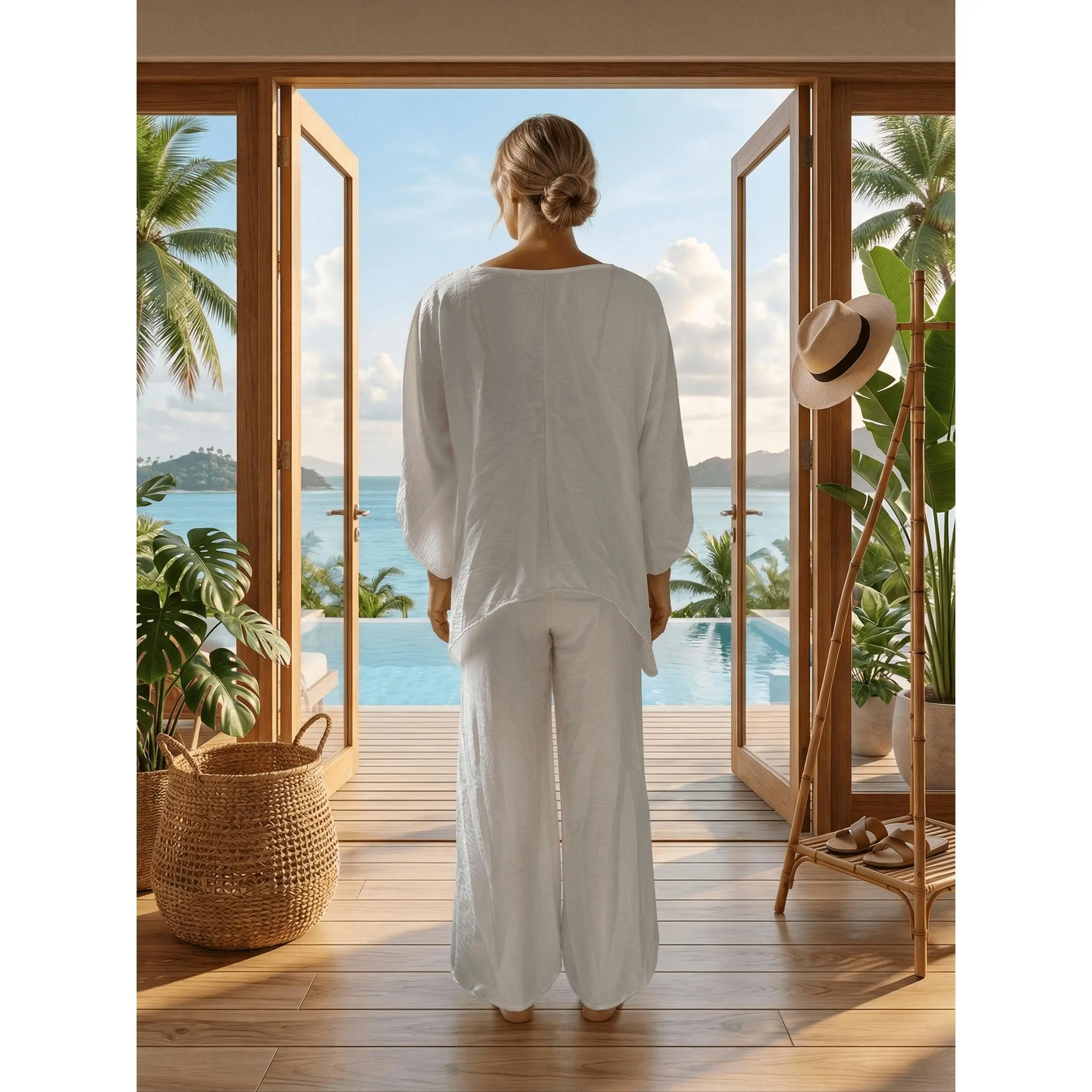 Two Piece Set - Perfect for Beach, Vacation & Brunch! Oversized Batwing Sleeve Top Wide Leg Pants Set TwoPieceSet