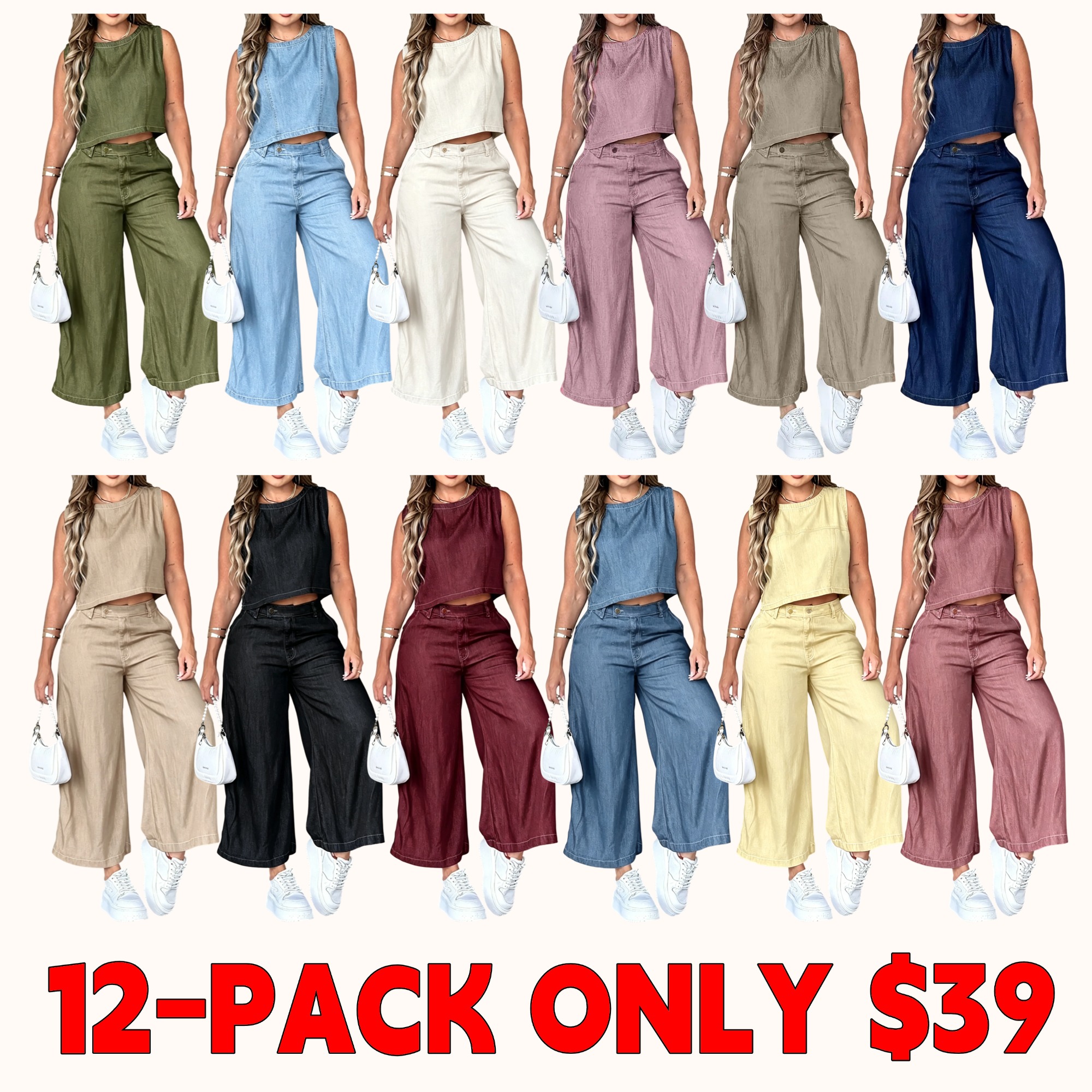 Women's sleeveless round neck vest and wide-leg pants suit