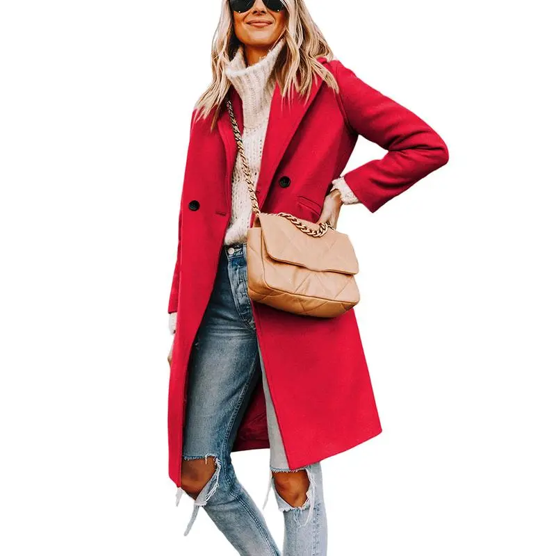 Women's Winter Notch Lapel Double Breasted Wool Blend Mid Long Pea Trench Coat