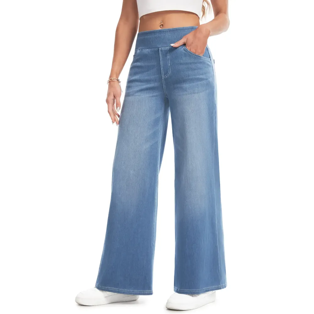 Wide Leg Stretchy Jeans for Women Loose Fit Elastic High Waist Pants