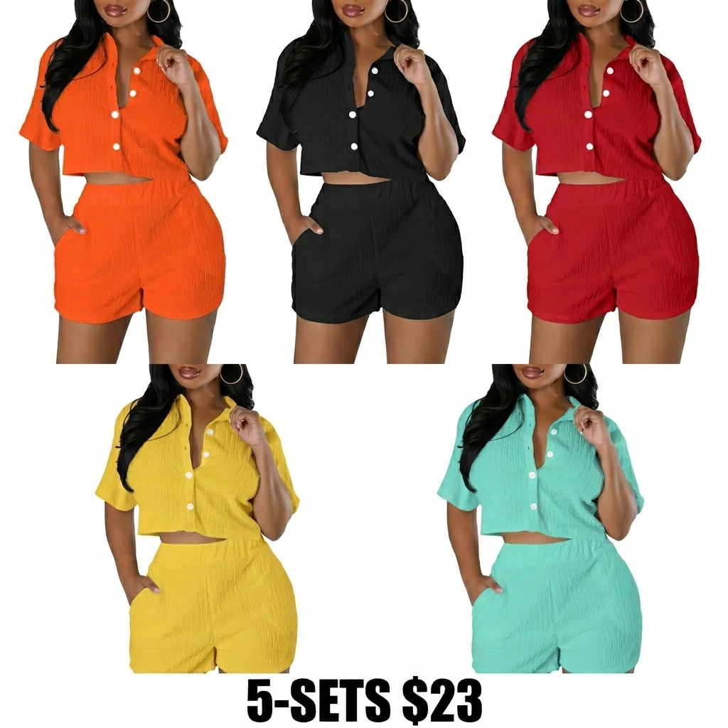 Women's 2-Piece Textured Button Front Shirt & Elastic Waist Shorts Set