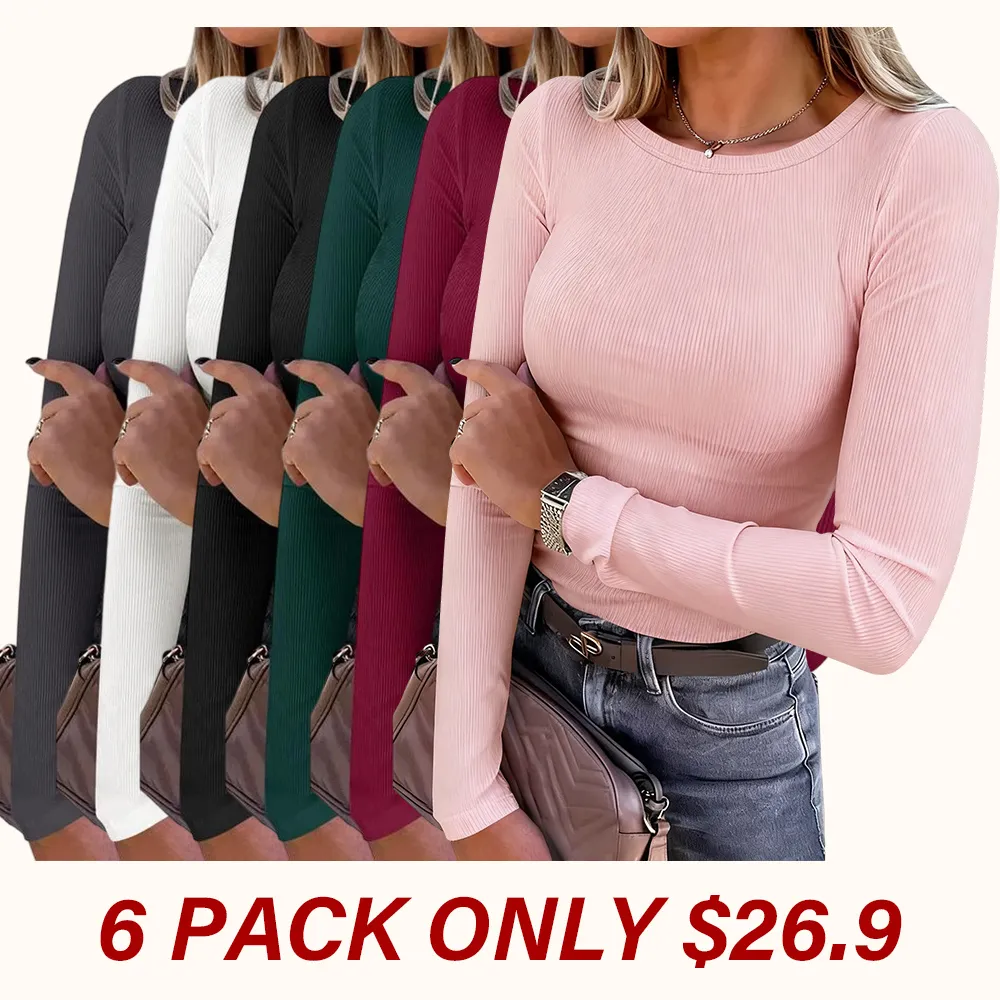 Women's Long-Sleeve Crew Neck Ribbed Knit Slim Fit T-Shirt