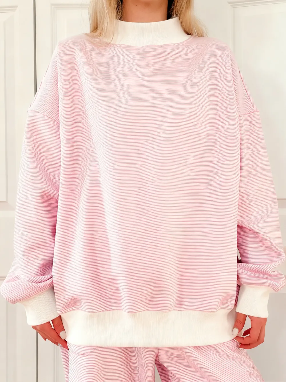 Blue and White Mini Striped Mockneck Sweatshirt