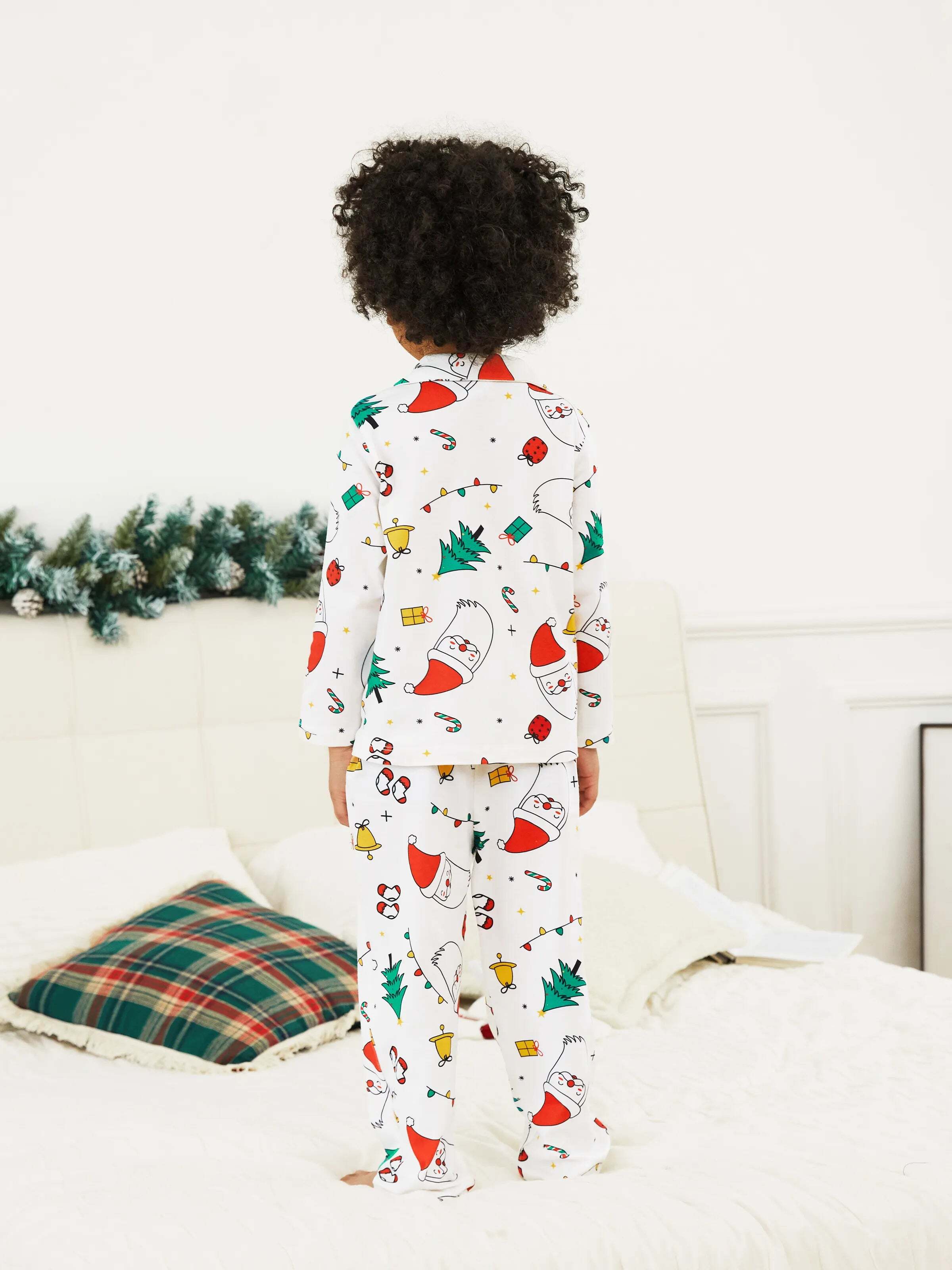 Christmas Family Matching Colorful Festival Theme Print Long Sleeve Pajamas Sets with Christmas Socks White