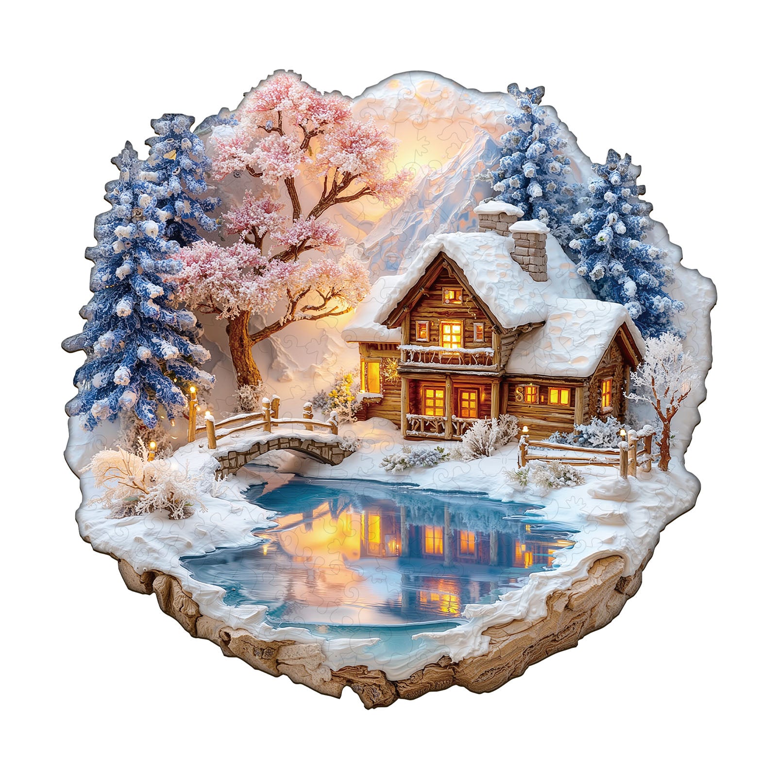 Snow scene on the lake Wooden Jigsaw Puzzle