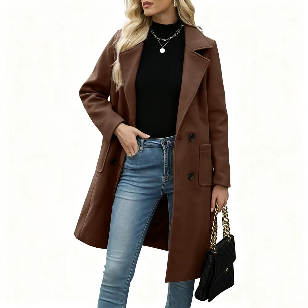 Women Winter Wool Blend Camel Mid-Long Coat