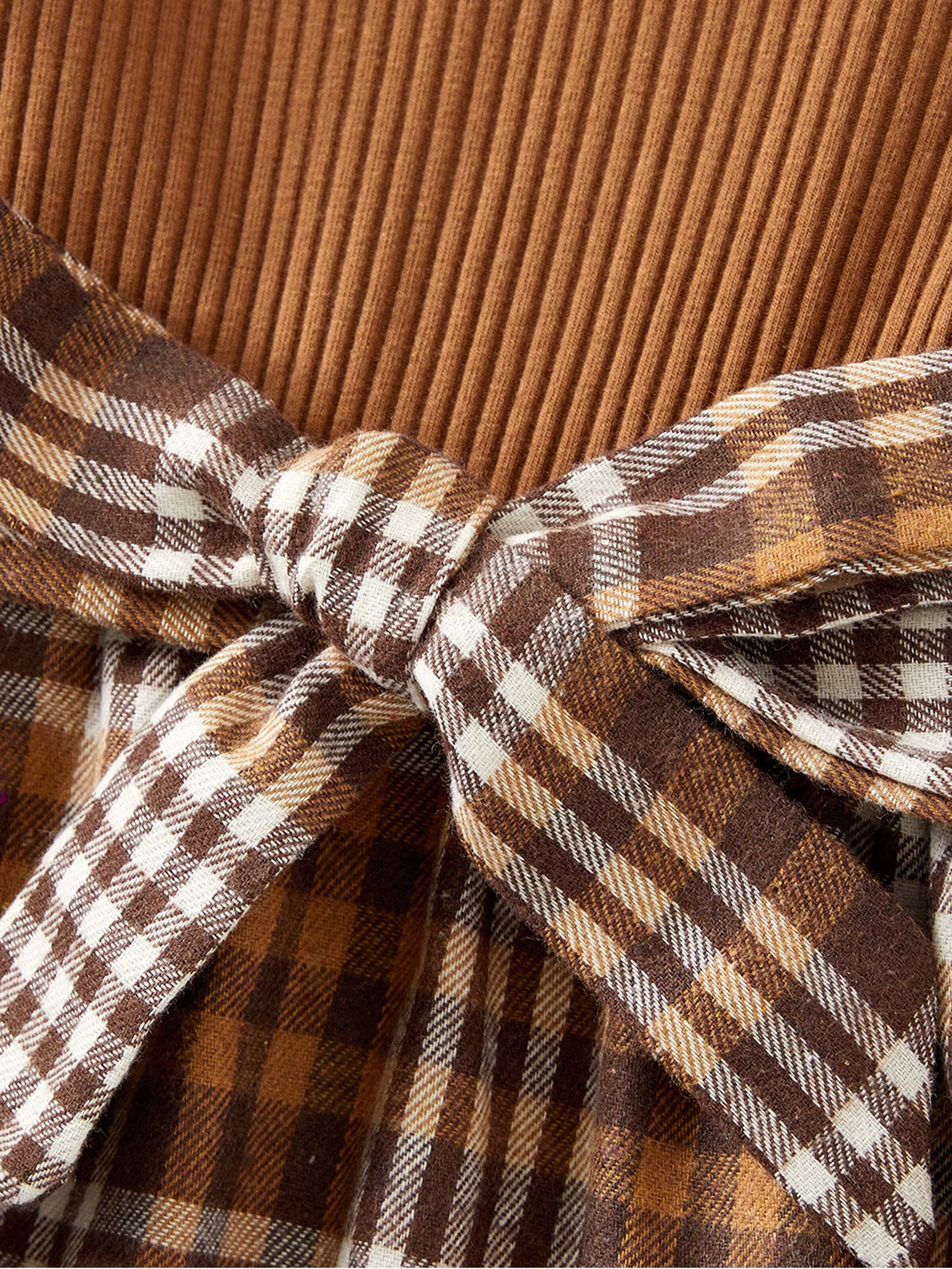 Family Matching Coffee Ribbed Spliced Plaid Belted Dresses and Long-sleeve Colorblock Tops Set Coffee