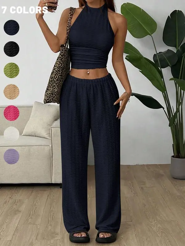 Women's Solid Crop Halter Neck Top & Wide Leg Pants Set