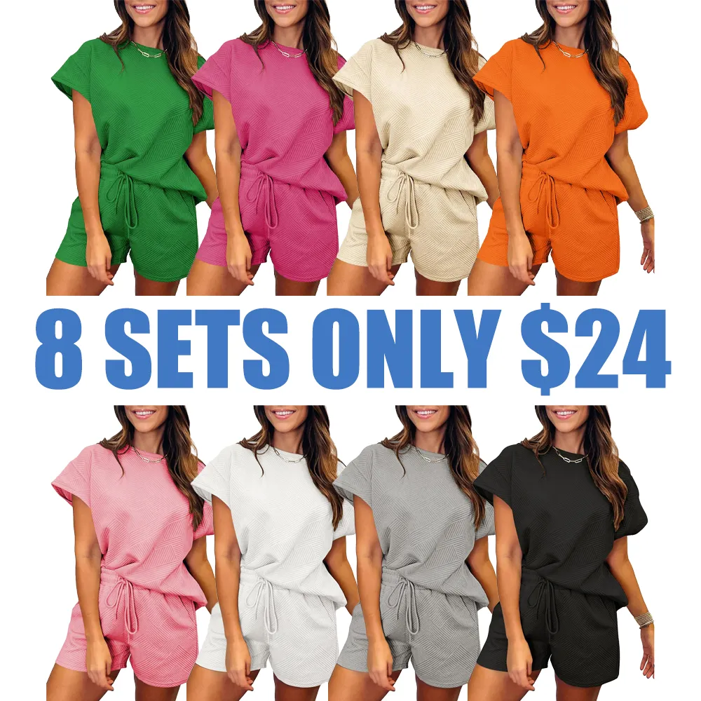 Women's Solid Textured Batwing Sleeve T-shirt & Drawstring Waist Shorts Set(Just $3 a set!)