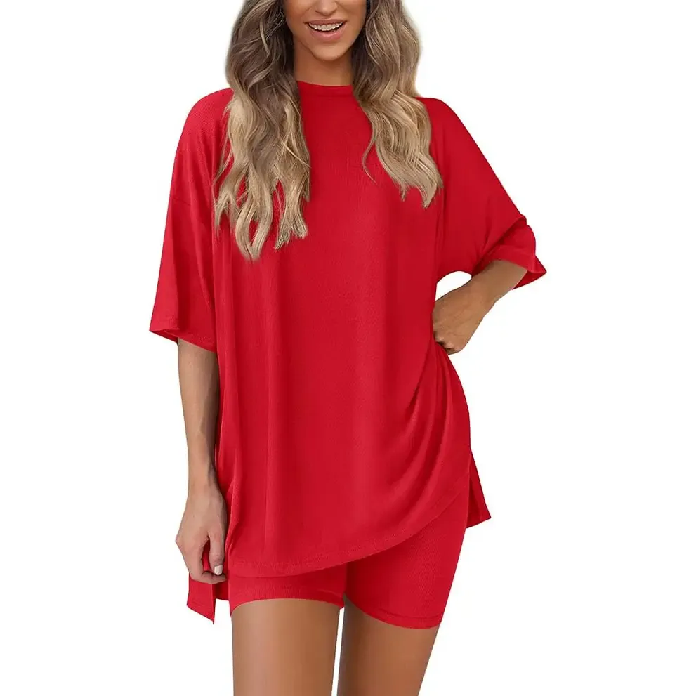 🔥Last Day Promotion ! Women Summer Casual Oversized Split Hem Shirts & Side Pocket Biker Shorts