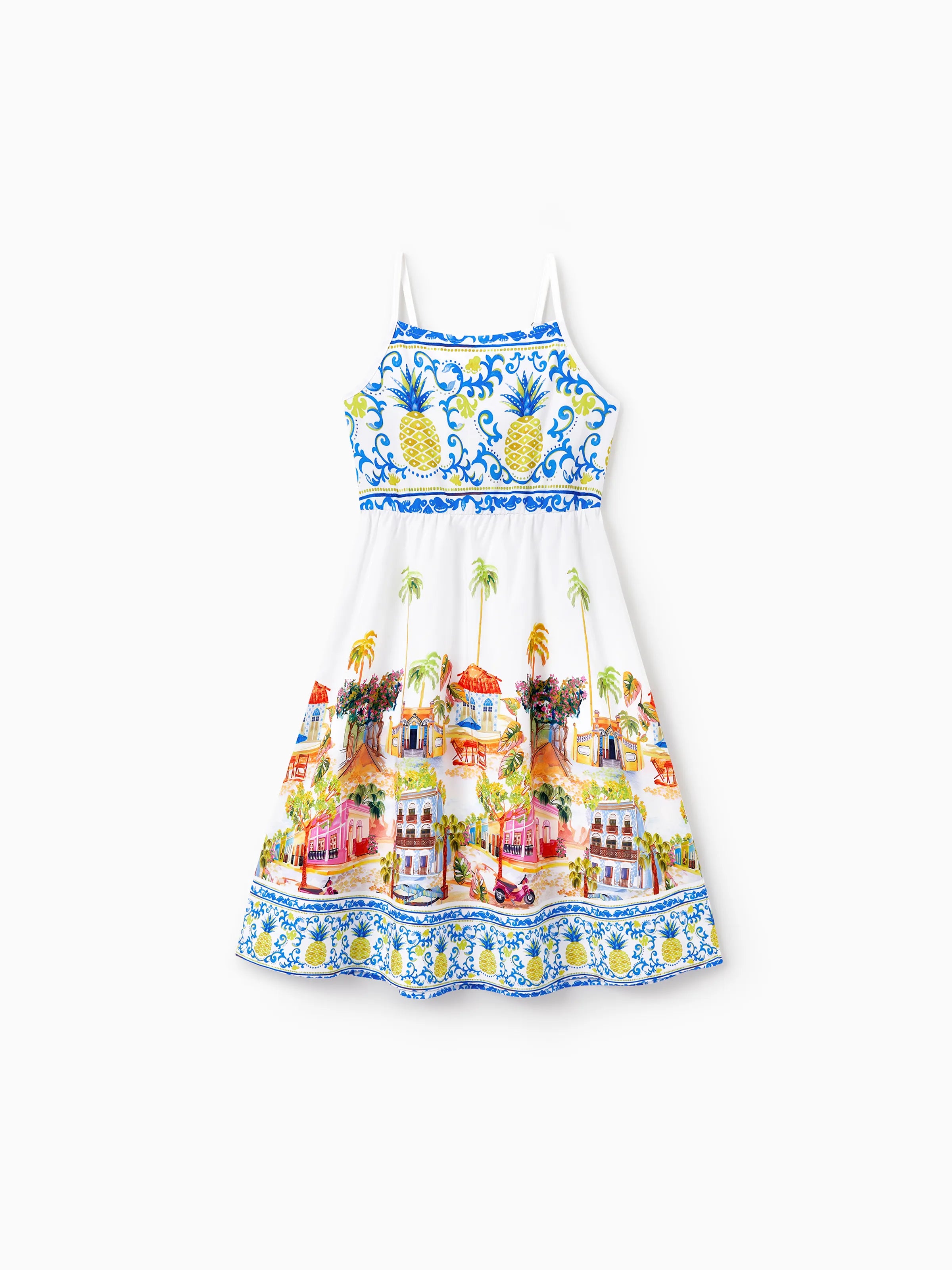 Family Matching Vacation Set Tropical Pineapple Coconut Tree Print Short-sleeve T-shirt or Hollow out Strap Dress for Summer Vacation  White