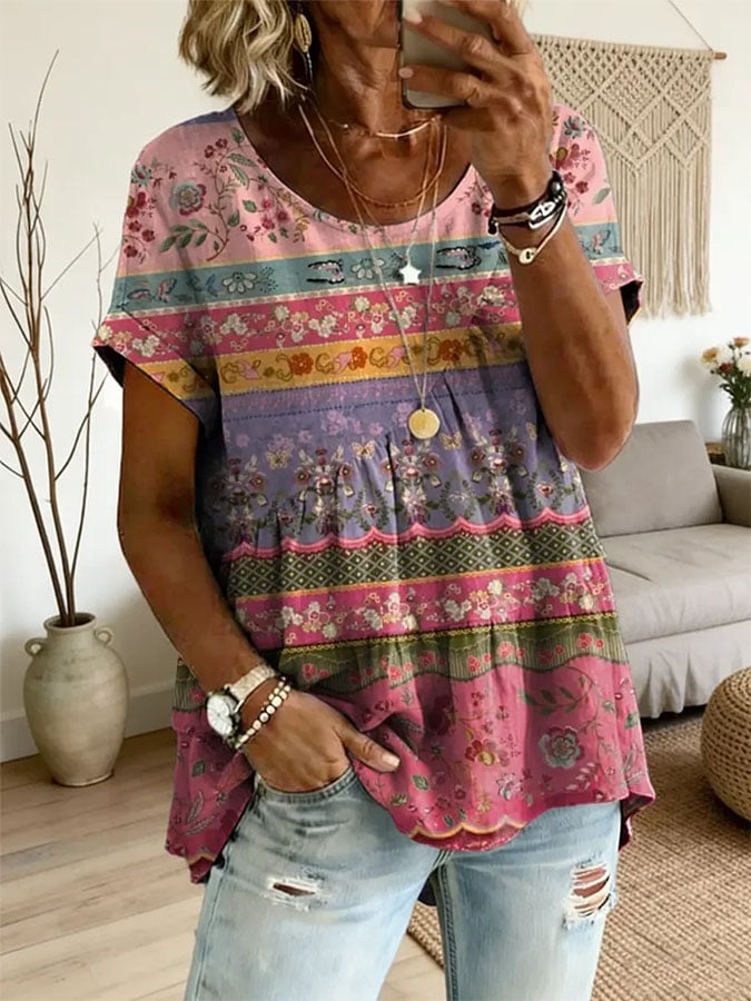 Women's Retro Print Short-Sleeve Top