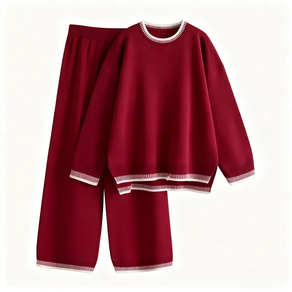 Chic Crew Neck Sweater & High Waist Loose Pants Casual Outfit