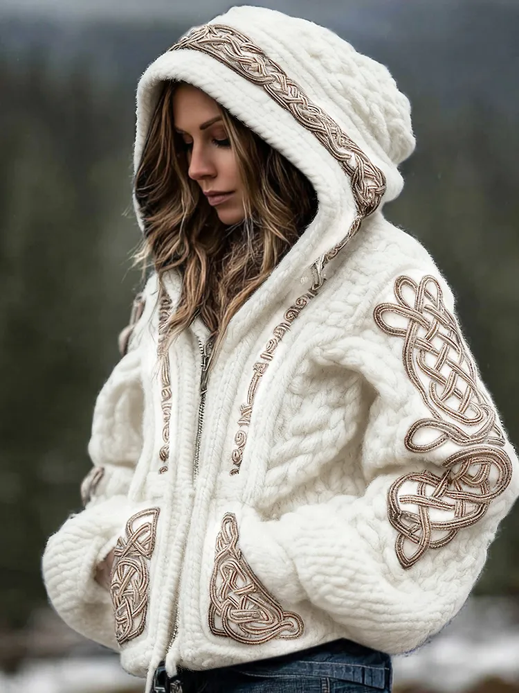 Women's Viking Celtic Knot Cozy Warm Knit Full Zip Hooded Sweater