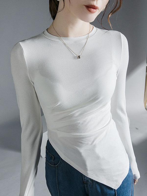Asymmetric Pleated Solid Color Long Sleeves Skinny Round-Neck T-Shirts Tops
