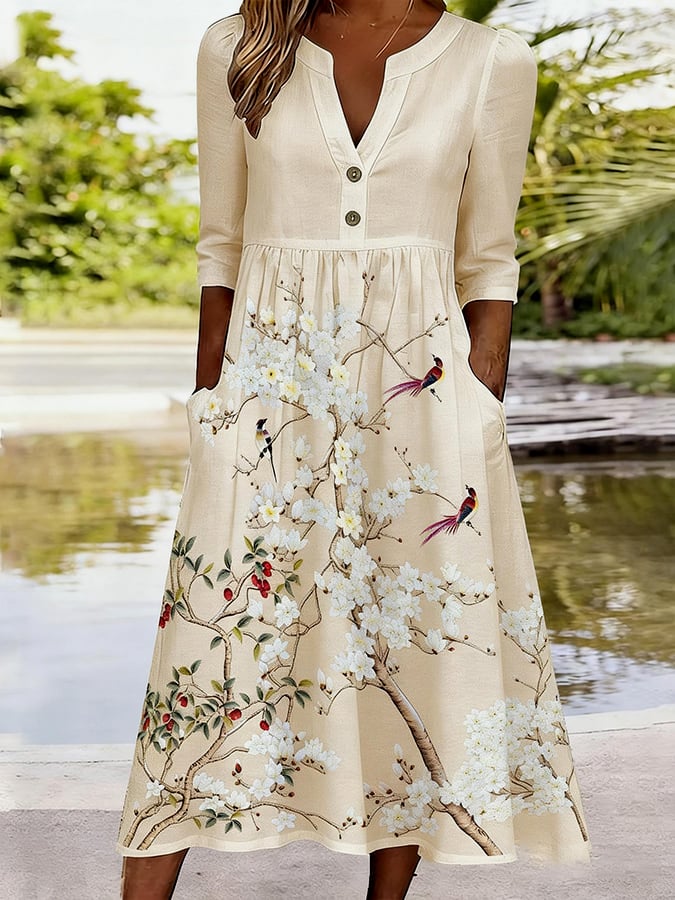 Women's casual cotton and linen floral dress- Fast Shipping