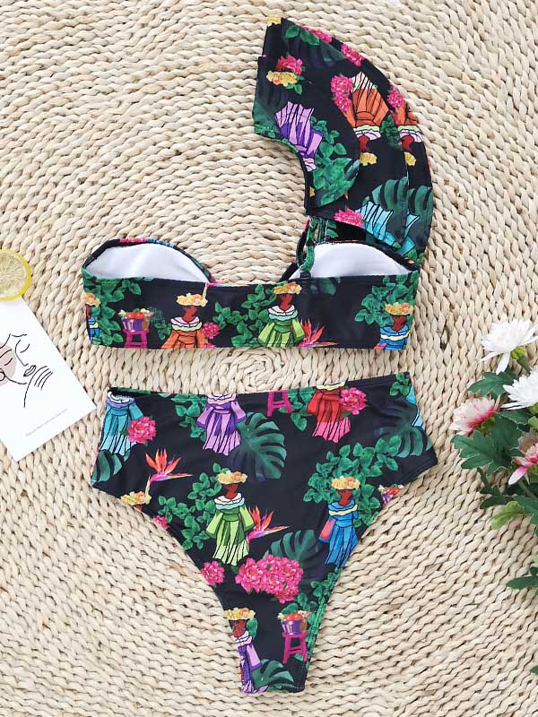 One-Shoulder Falbala High-Waisted Bikini Swimwear