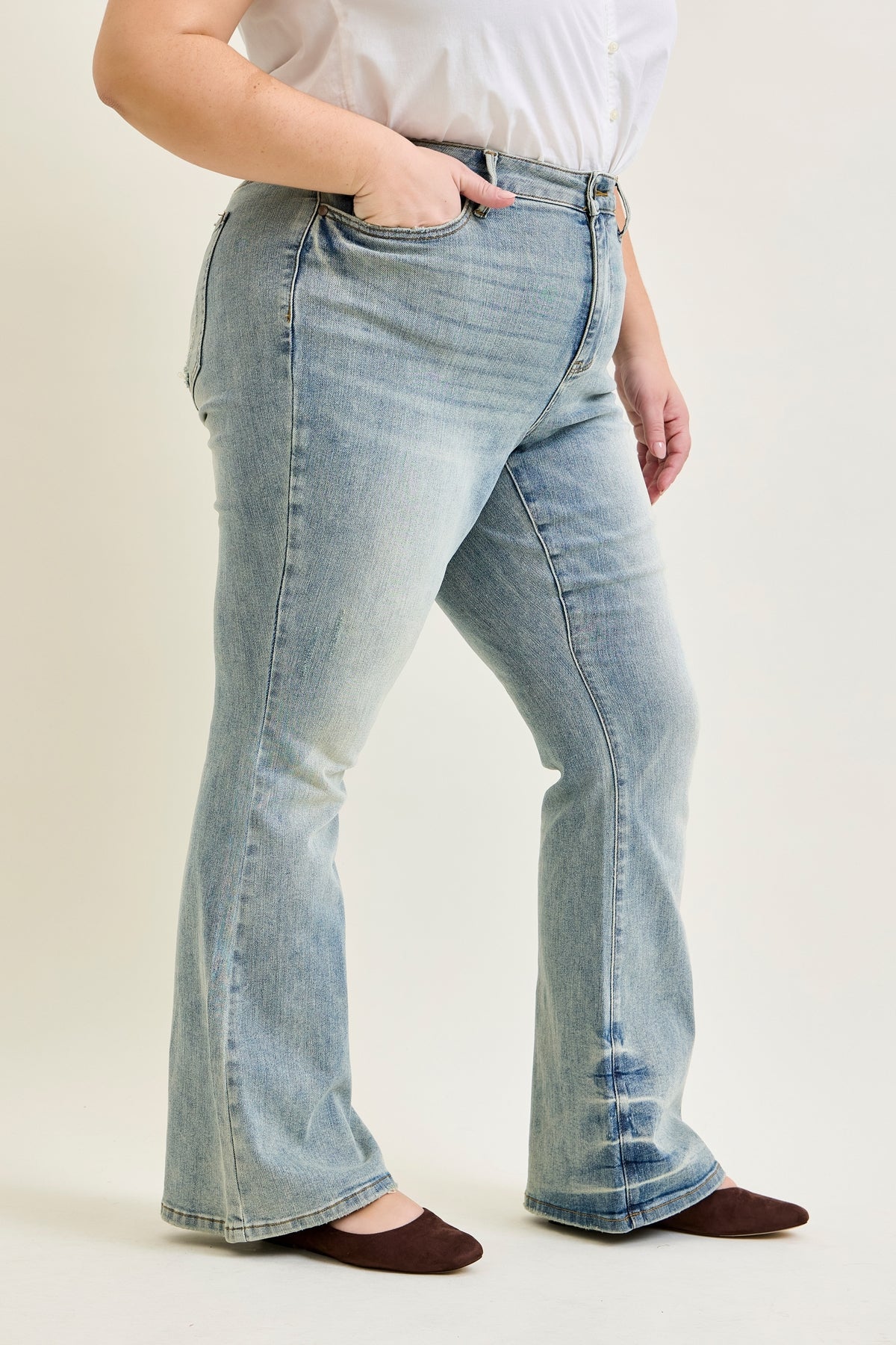 Megan Mid Rise Tinted Pin Tack Detail Flare Jeans - PLUS