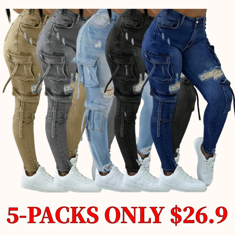 Women's street style multi-pocket short cargo stretch denim jeans