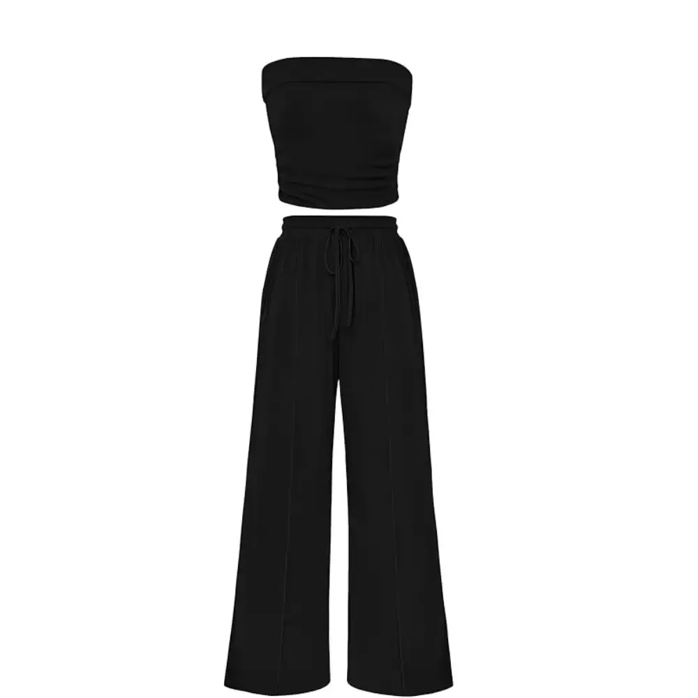 Womens Summer Outfits 2 Piece Sets Casual Ribbed Knit Crop Tube Top Wide Leg Pants