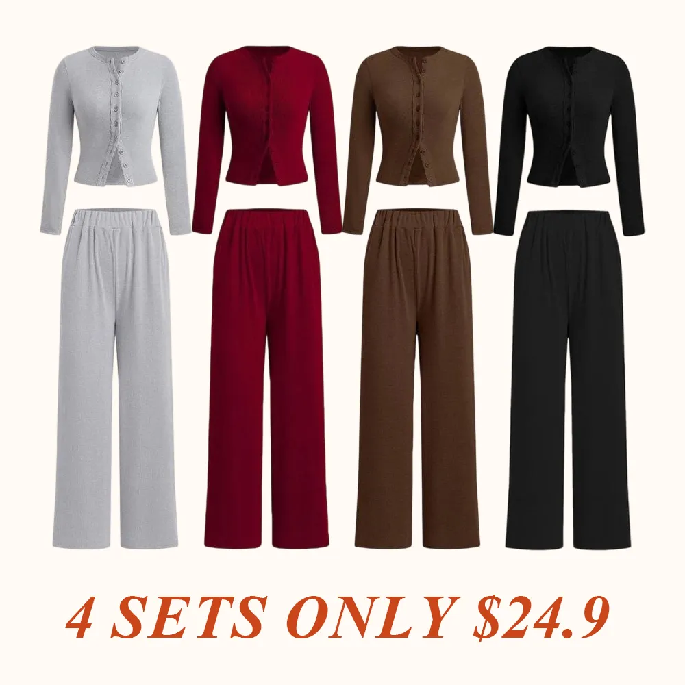 Two-piece Set Women's Solid Button Front Ribbed Crop Top & Elastic Waist Pants