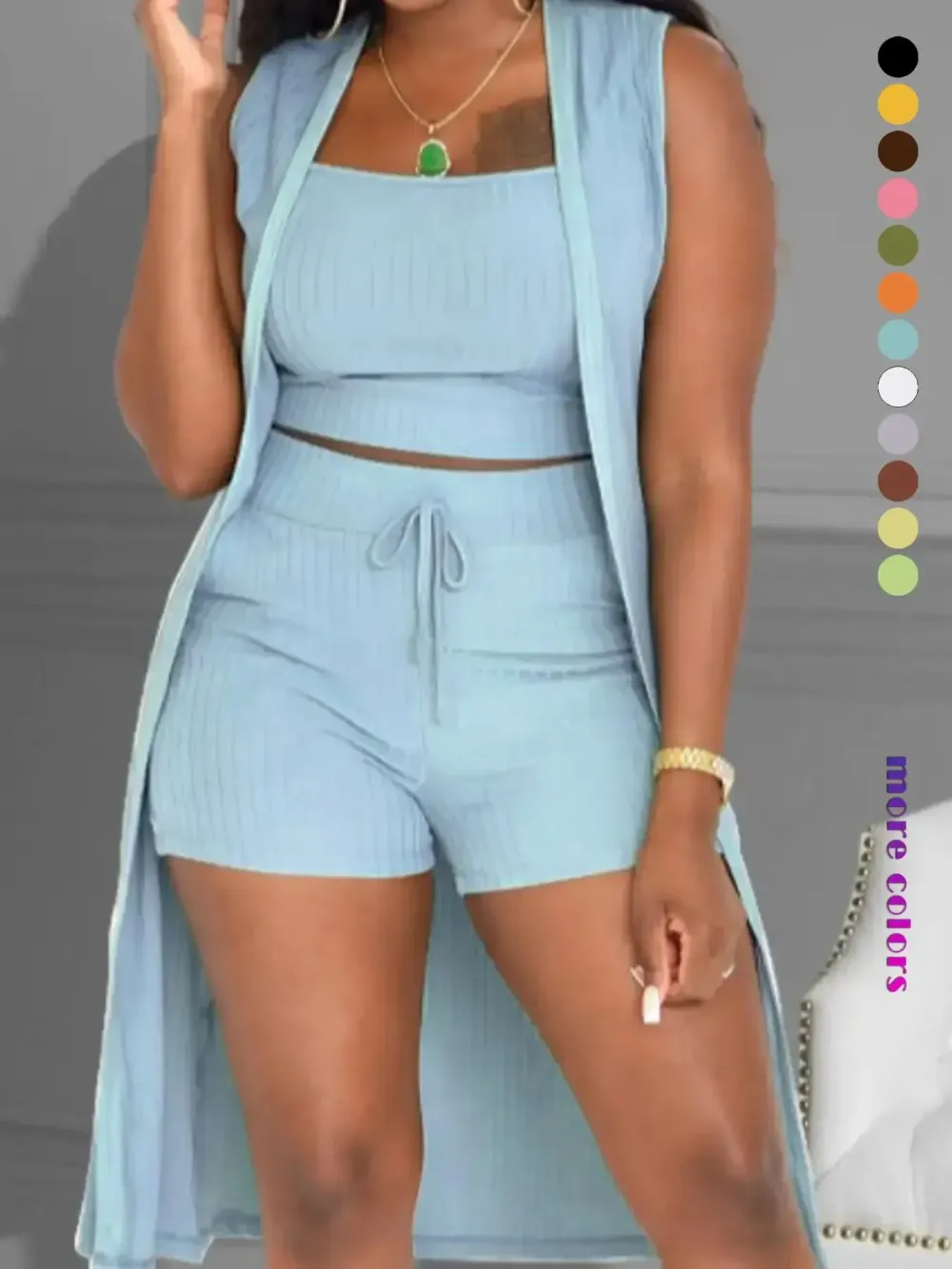 Three-Piece Set Women's Solid Ribbed Co-ord Set, Casual Crop Tank Top & Drawstring Waist Shorts & Vest Coat Set for Daily Wear