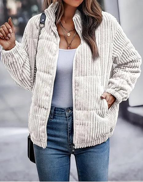 Women's Bomber Jacket Corduroy Ribbed Quilted Zip Up Long Sleeve Winter Coat Fall Outerwear Tops with Pockets