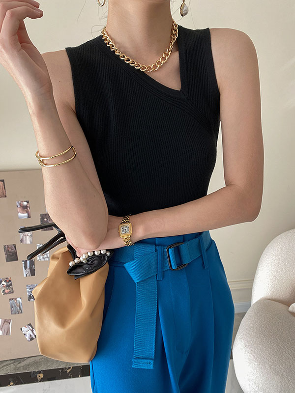 Asymmetric Solid Color Sleeveless V-Neck Vest Top