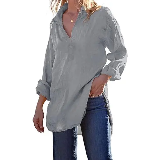 Womens Cotton Linen Tunic Shirts Button Down Long Sleeve Blouse Tops Beach Cover Up