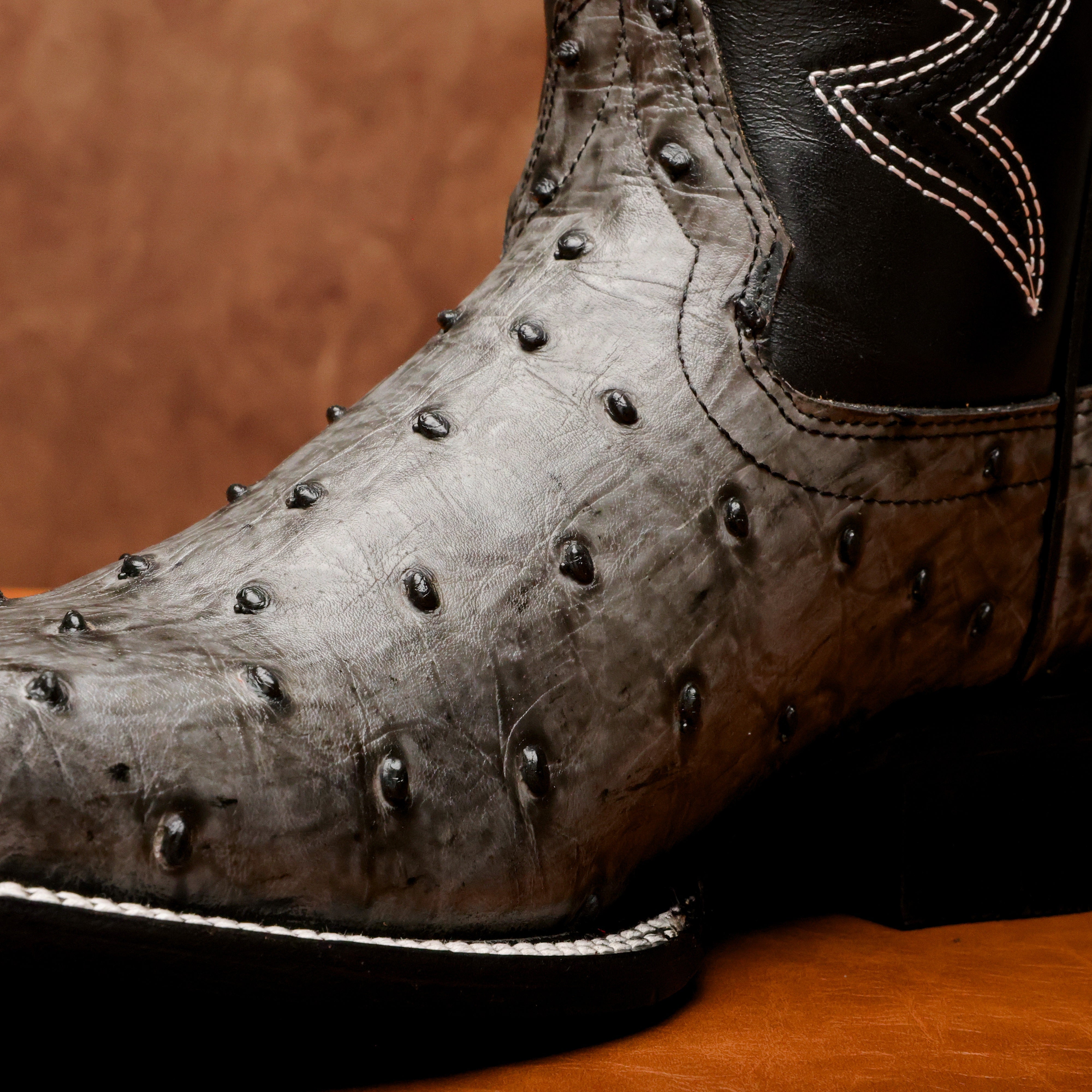 Grey Ostrich Leather Boots - Square Toe