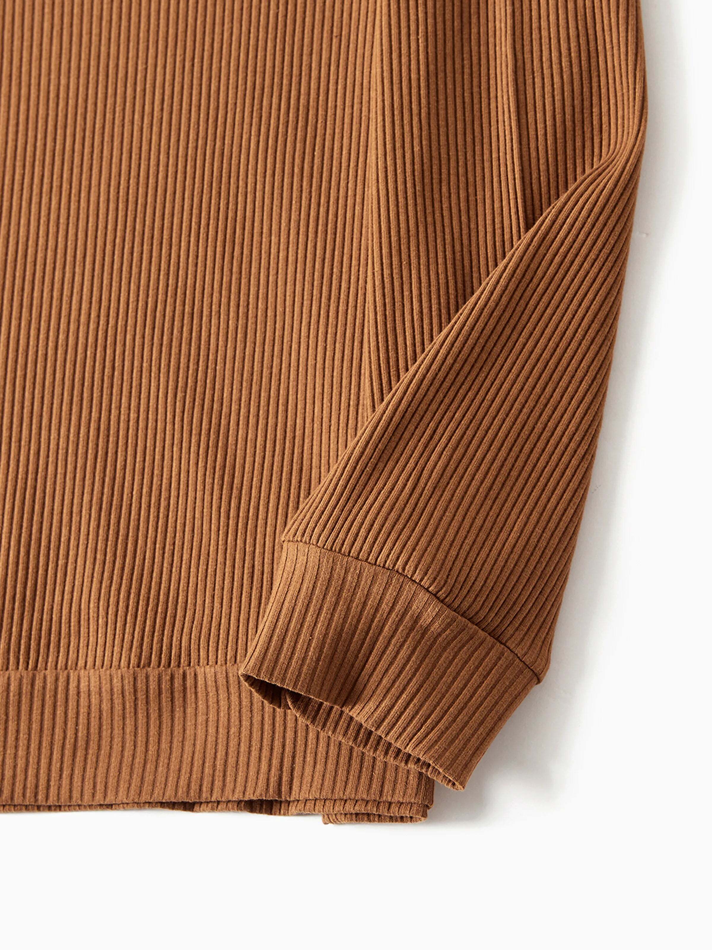 Family Matching Coffee Ribbed Spliced Plaid Belted Dresses and Long-sleeve Colorblock Tops Set Coffee