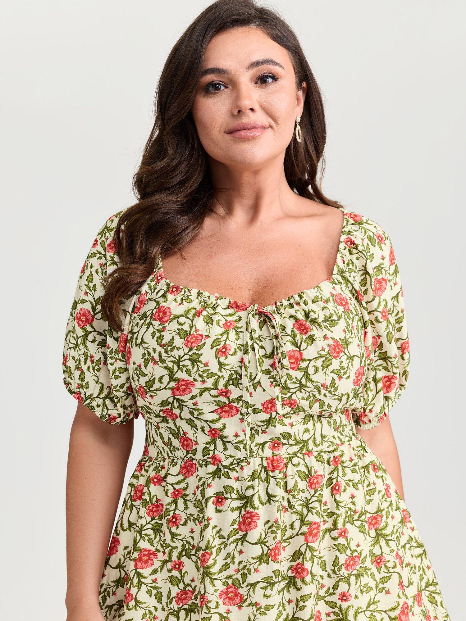 Charming Floral Print Drawstring Neckline Mini Dress